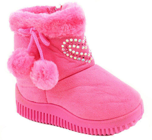 Super Furry Rhinestone Hearts Infant Baby Fashion Pom Winter Boots
