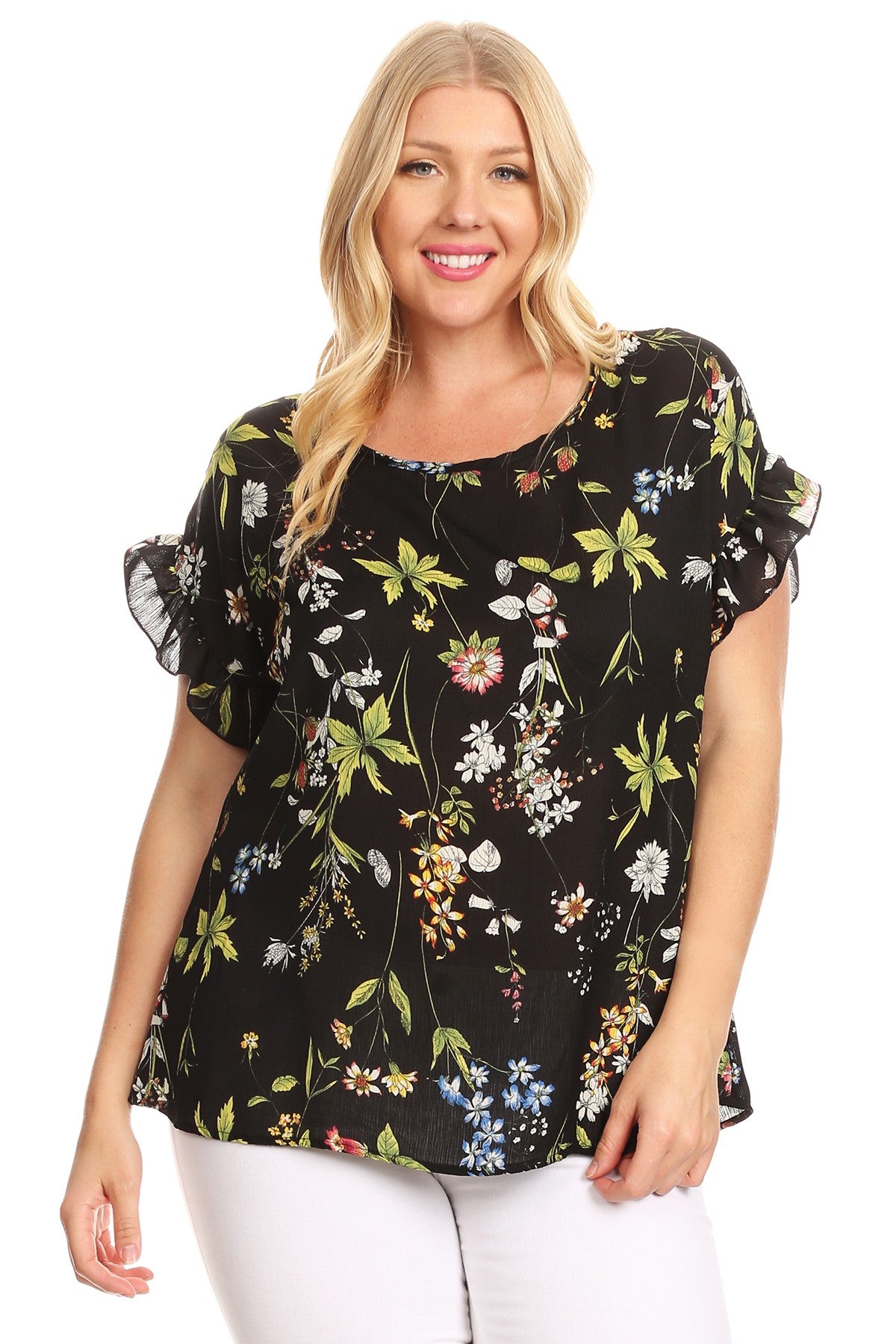 Plus Size Floral Print Ralxed Fit Ruffled Womens Versatile Blouse ...